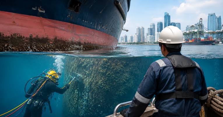 Diver inspecting the hull of a ship underwater
